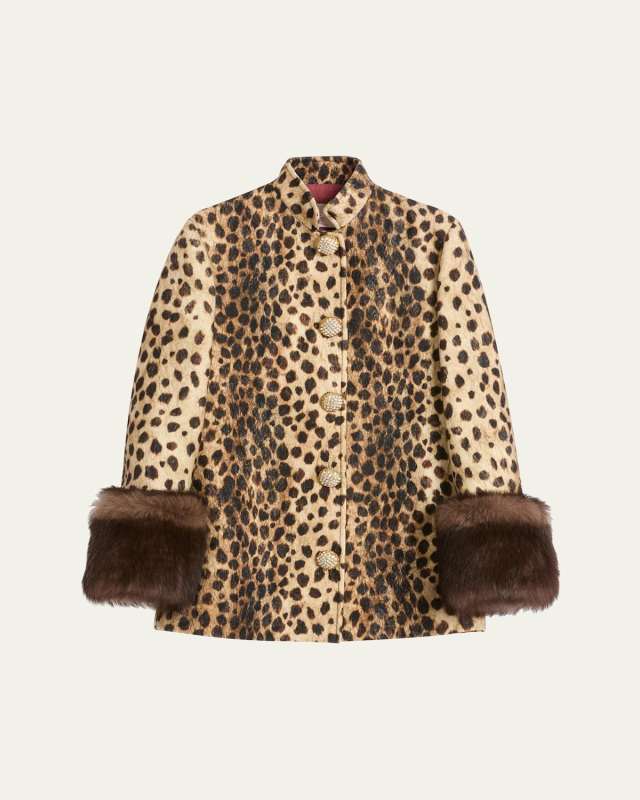 Leopard Faux Fur Cuff Caban Jacket